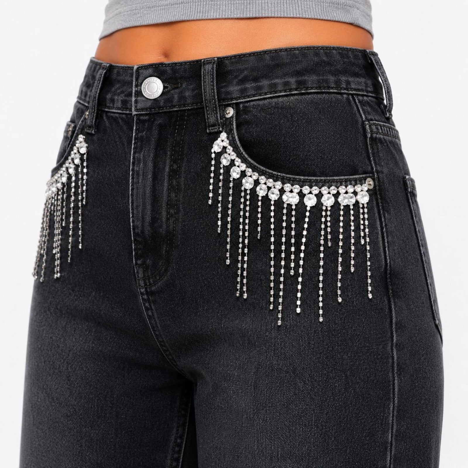 Women's Dusty Grey Wide Leg Jeans with Rhinestone Fringe | High-Rise Statement Denim-3