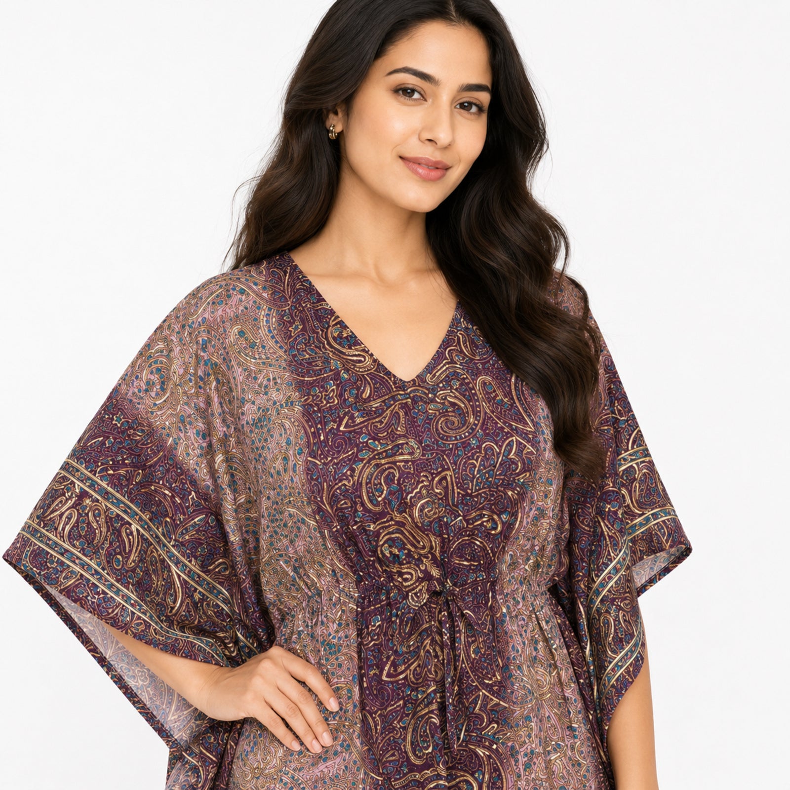 Women's Pink Paisley Border Print Short Kaftan Dress-3