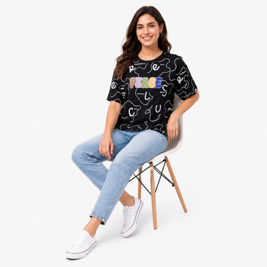 Women's Black Graphic Printed Oversized T-Shirt | Casual Everyday Cotton Tee-2