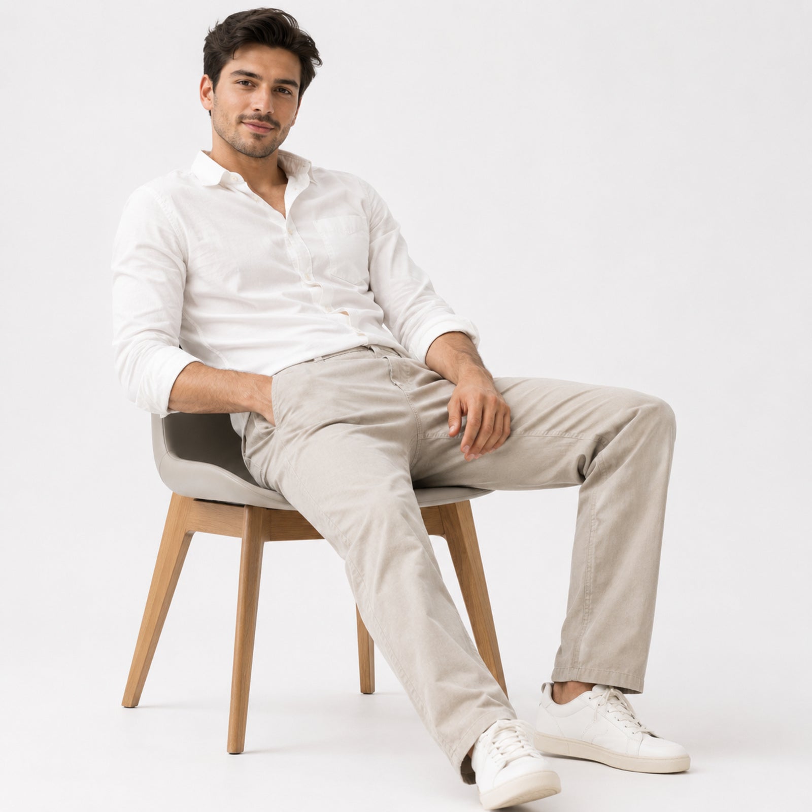 Men's Beige Slim Fit Casual Trousers-1