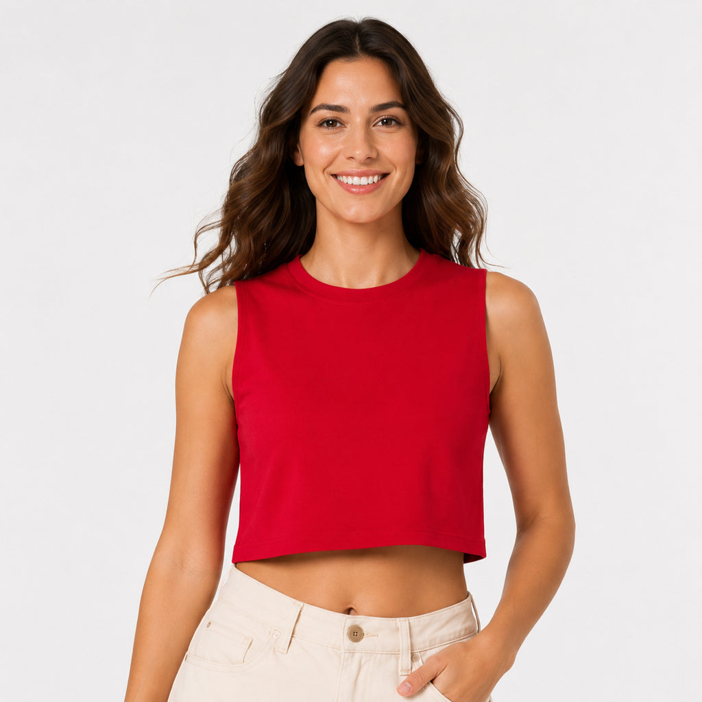 Women's Red High Neck Sleeveless Relaxed Crop Top | Solid Boxy Casual Top-3