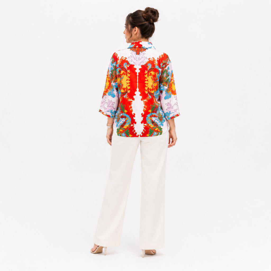 Women's Red Multicolour Abstract Print Collared Shirt-4