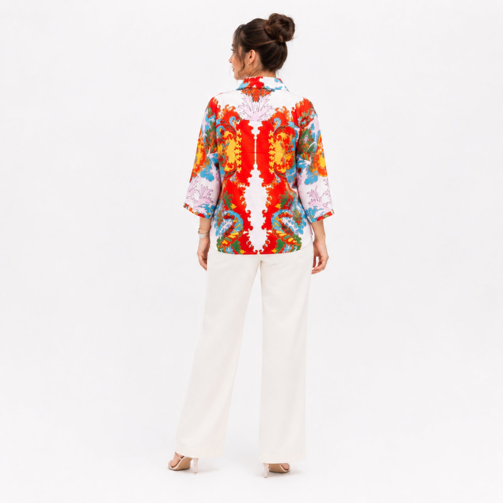 Women's Red Multicolour Abstract Print Collared Shirt-4