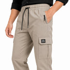 Men's Beige Elastic Waist Utility Cargo Pants with Zip Pocket Detail-2