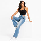 Women's Light Blue High-Rise Flared Denim Jeans with Washed Finish-2