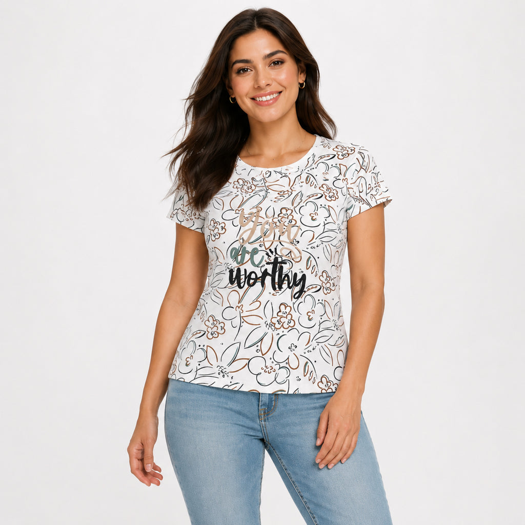 Women's White Floral Graphic Print Round Neck T-Shirt | Casual Everyday Cotton Tee-3