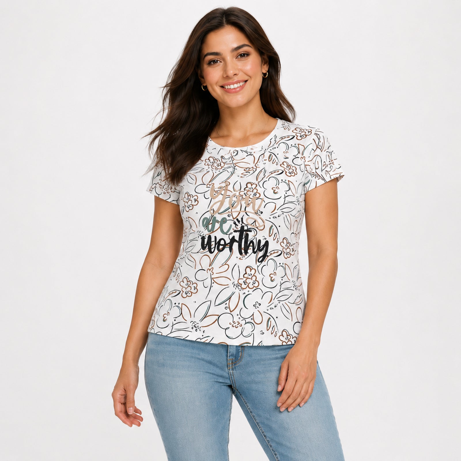 Women's White Floral Graphic Print Round Neck T-Shirt | Casual Everyday Cotton Tee-3