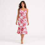 Women's Pink Floral Print Square Neck Mermaid Midi Dress | Sleeveless Fitted Party Dress-1