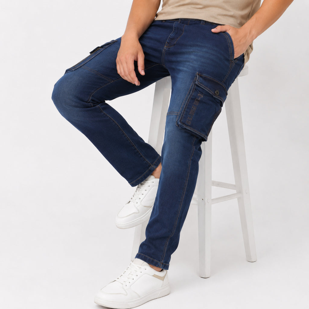 Men's Dark Blue Cargo Denim Jeans-1