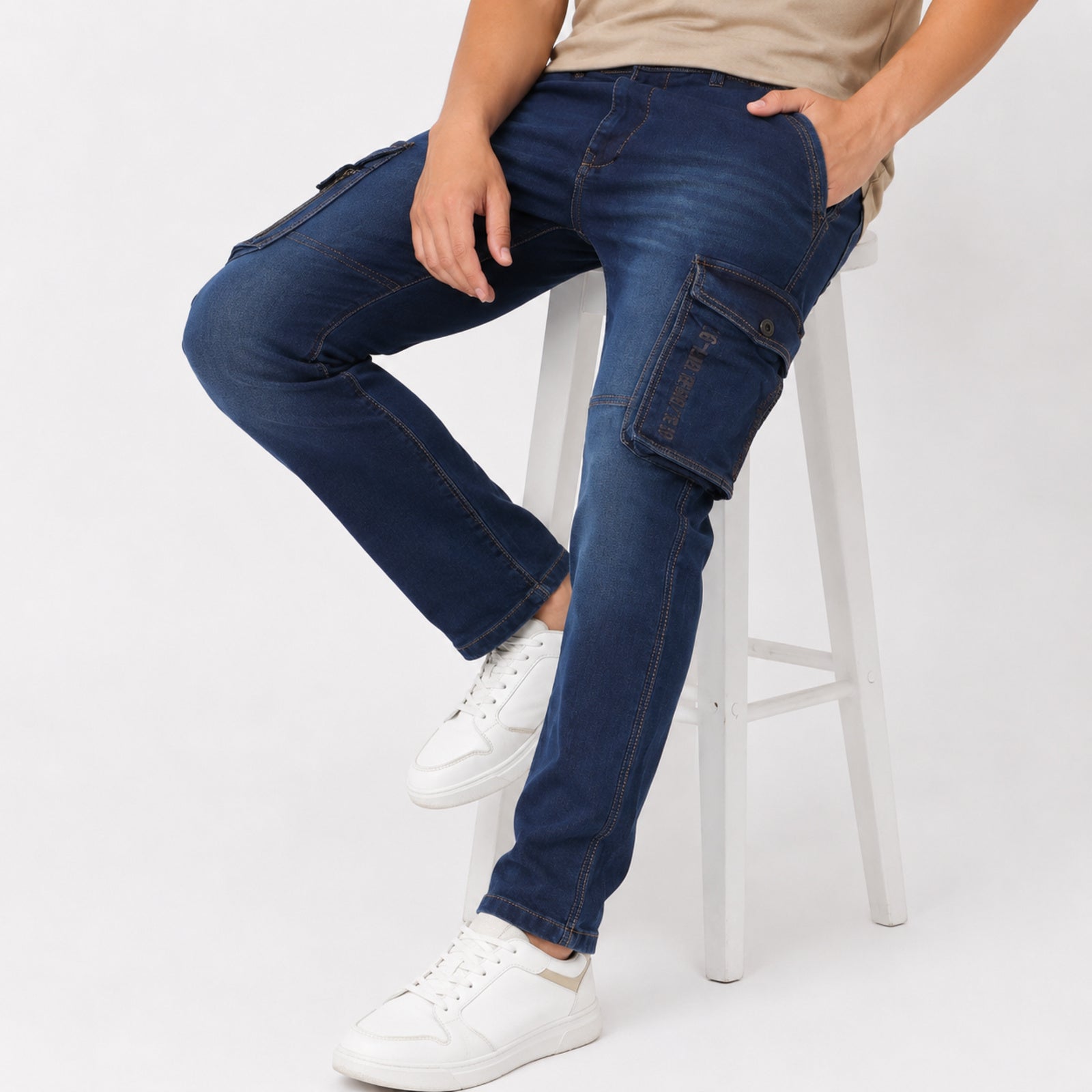 Men's Dark Blue Cargo Denim Jeans-1
