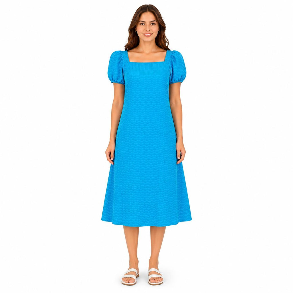 Women's Blue Textured Square Neck Puff Sleeve Midi Dress-2