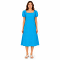 Women's Blue Textured Square Neck Puff Sleeve Midi Dress-2