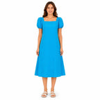 Women's Blue Textured Square Neck Puff Sleeve Midi Dress-2