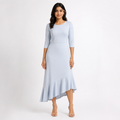 Women's Sky Blue Solid Round Neck Asymmetrical Ruffle Hem Midi Dress-2