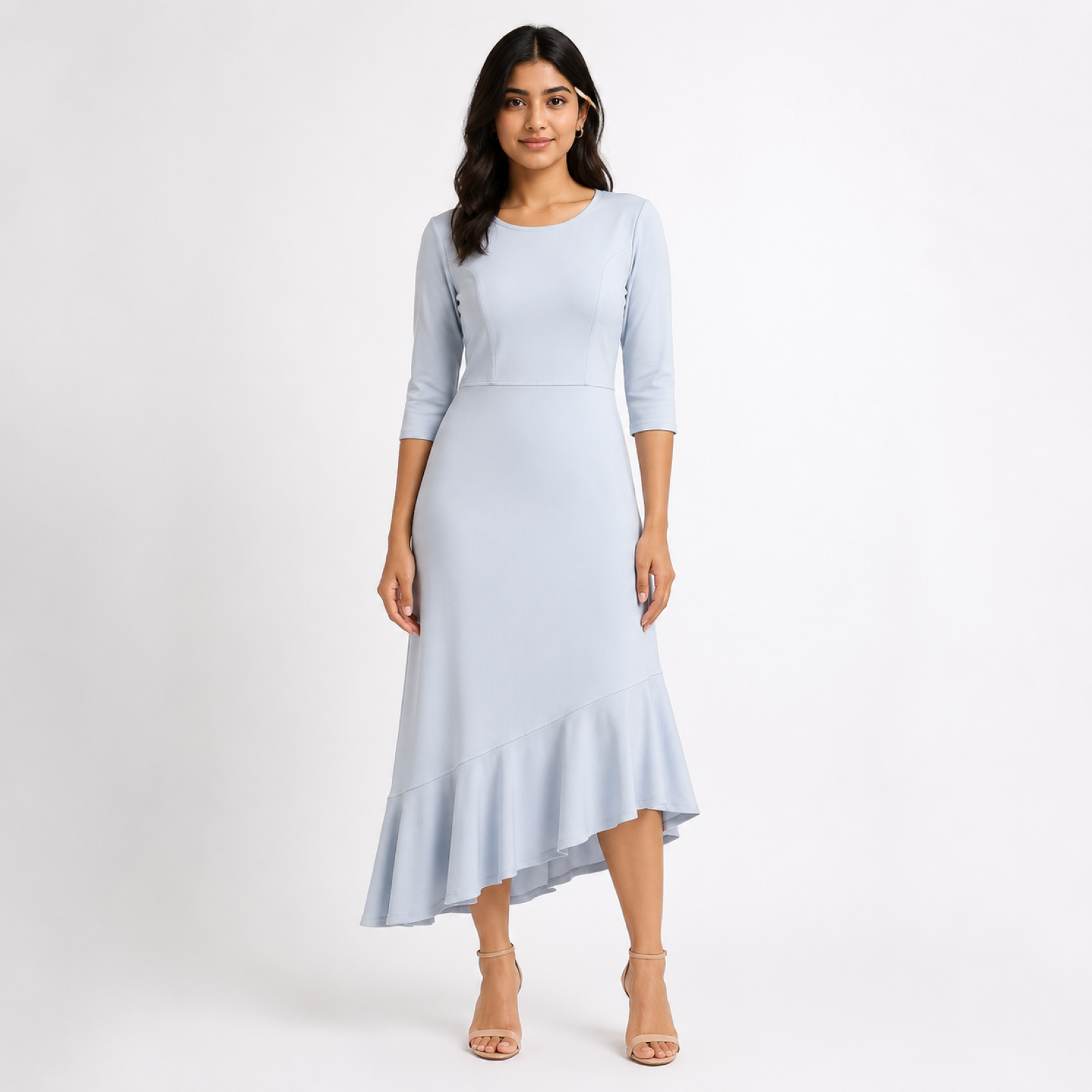 Women's Sky Blue Solid Round Neck Asymmetrical Ruffle Hem Midi Dress-2