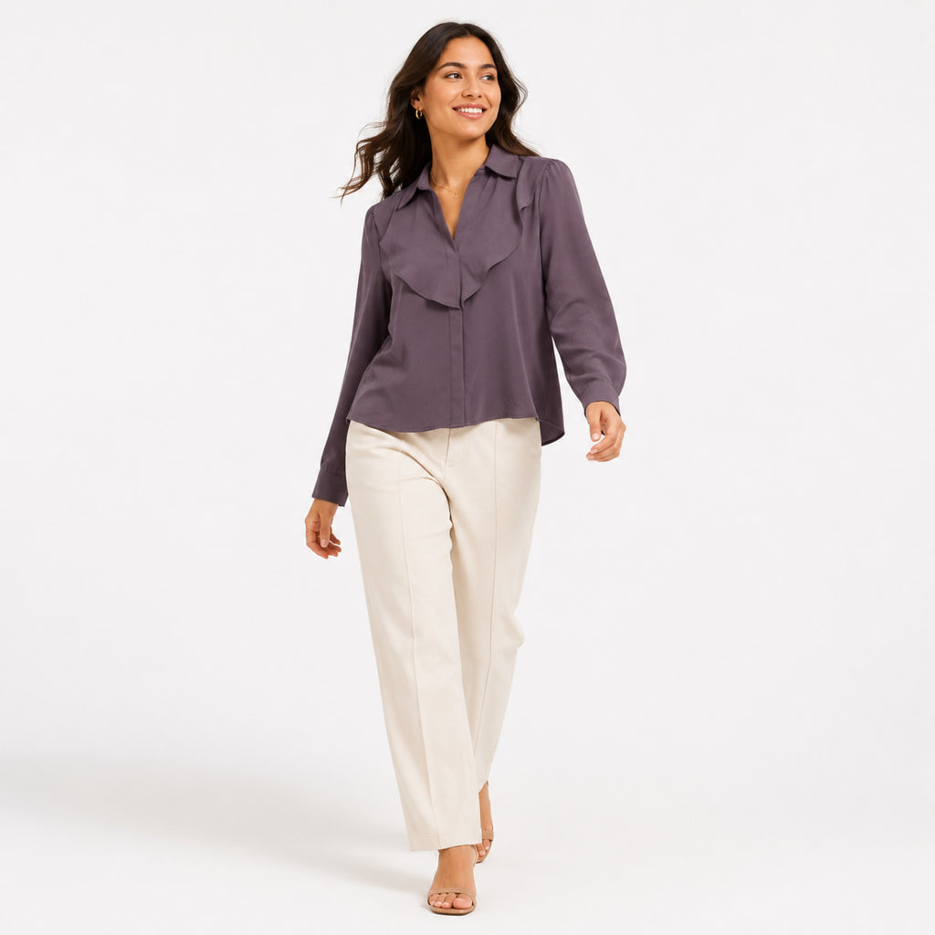 Women's Grey Ruffle Detail Long Sleeve Shirt-3