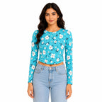 Women's Blue Floral Long Sleeve Crop Top-1