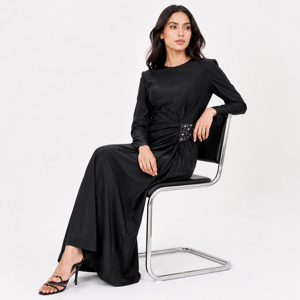 Women's Black Embellished Waist Gathered Maxi Dress-2