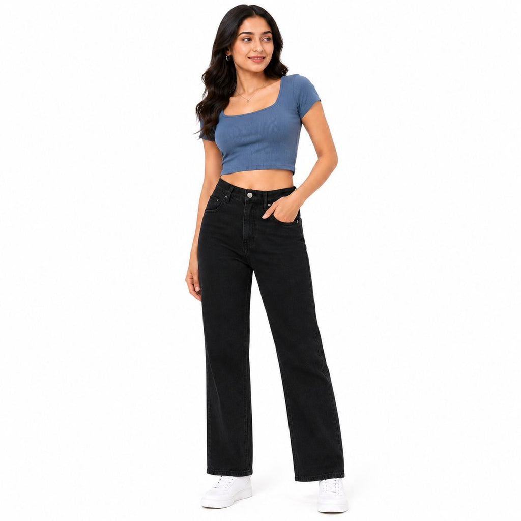 Women's High-Rise Black Straight Fit Jeans | Solid Full Length Denim Pants for Everyday Casual Wear-1