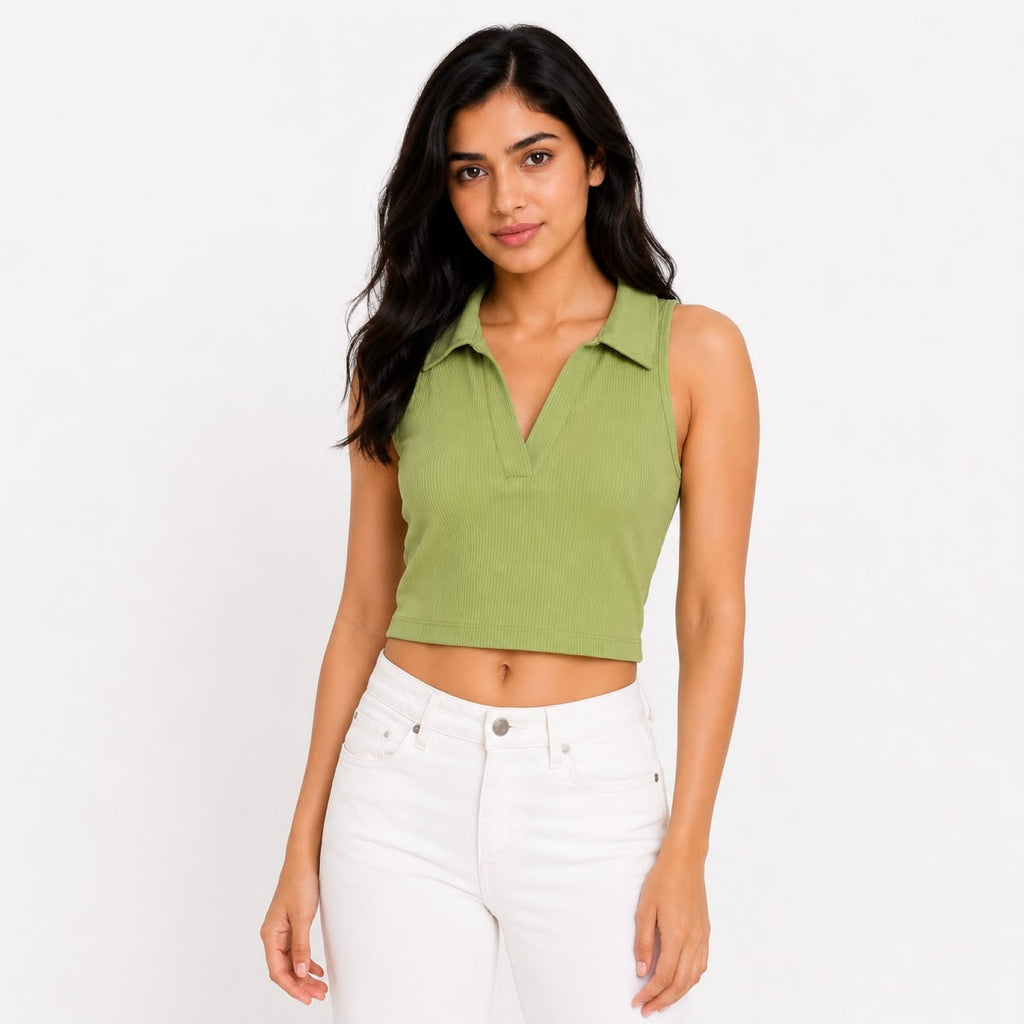 Women's Parrot Green Ribbed Sleeveless Polo Crop Top-2