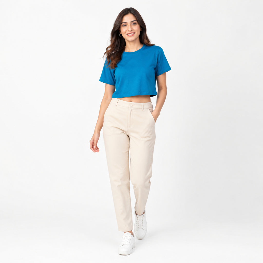 Women's Teal Crew Neck Short Sleeve Relaxed Crop T-Shirt | Solid Everyday Casual Tee-1