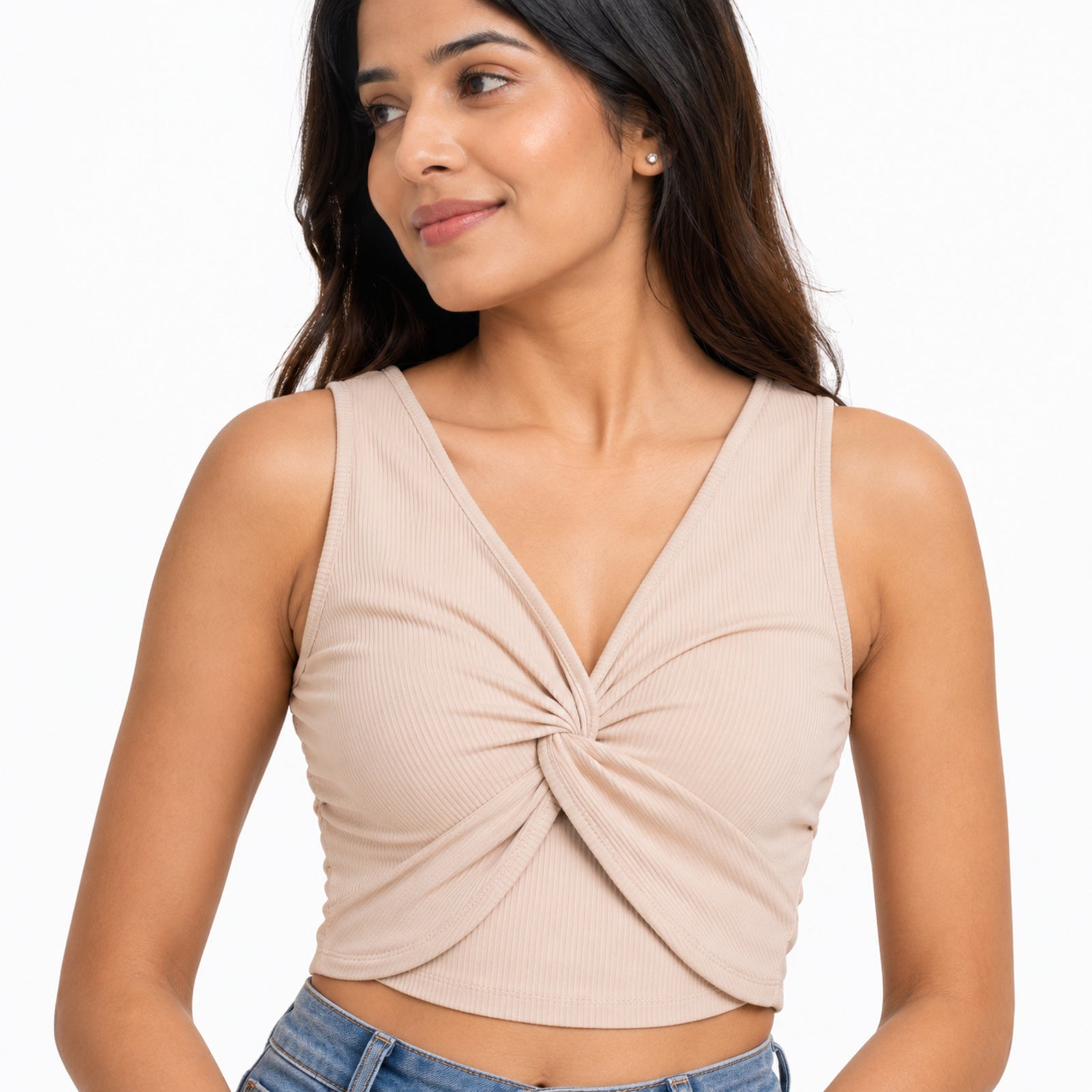 Women's Peach Ribbed Twist Front Crop Top-4