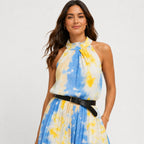 Women's Yellow Tie-Dye Halter Neck Flared Maxi Dress | Sleeveless Resort Wear Dress-2
