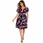 Women's Wine Floral Print V-Neck Fit & Flare Midi Dress-1