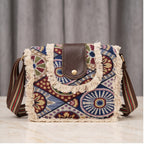 Women's Blue Bohemian Print Fringe Crossbody Sling Bag with Adjustable Strap-1