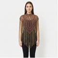 Women's Elegant Hand-Embroidered Mock Neck Maroon Cape with Metallic Fringe Tassel-1