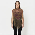 Women's Elegant Hand-Embroidered Mock Neck Maroon Cape with Metallic Fringe Tassel-1