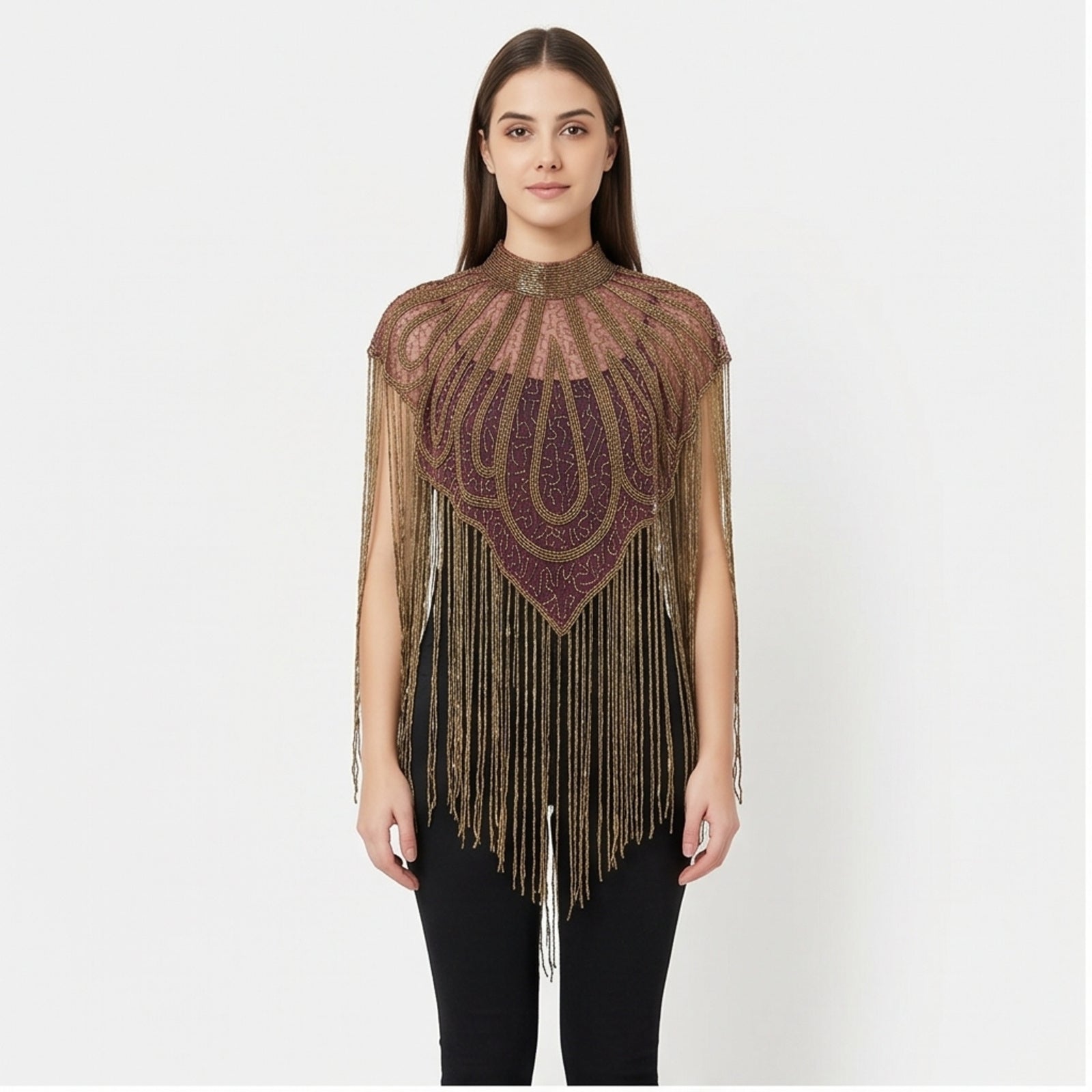 Women's Elegant Hand-Embroidered Mock Neck Maroon Cape with Metallic Fringe Tassel-1
