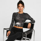 Women's Black Abstract Mesh Crop Top with Full Sleeves-2