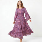 Women's Lavender Printed Tiered Maxi Dress-4