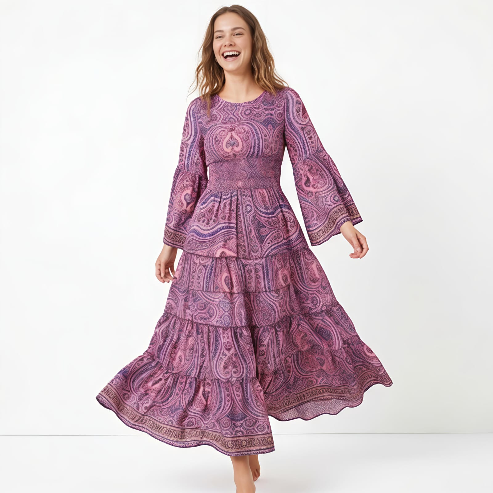 Women's Lavender Printed Tiered Maxi Dress-4