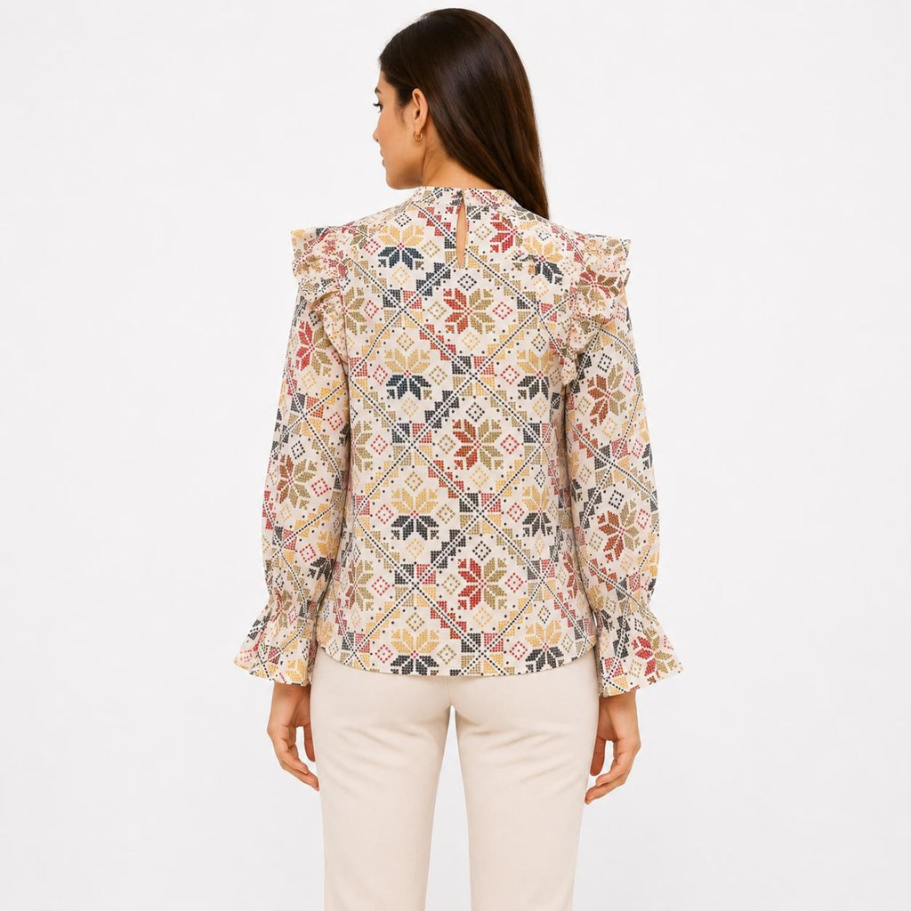 Women's Beige Geometric Print Ruffle Sleeve Top-2
