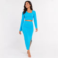 Women's Blue Long Sleeve Crop Top & Midi Skirt Co-Ord Set-1