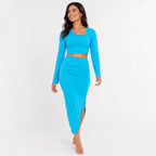 Women's Blue Long Sleeve Crop Top & Midi Skirt Co-Ord Set-1