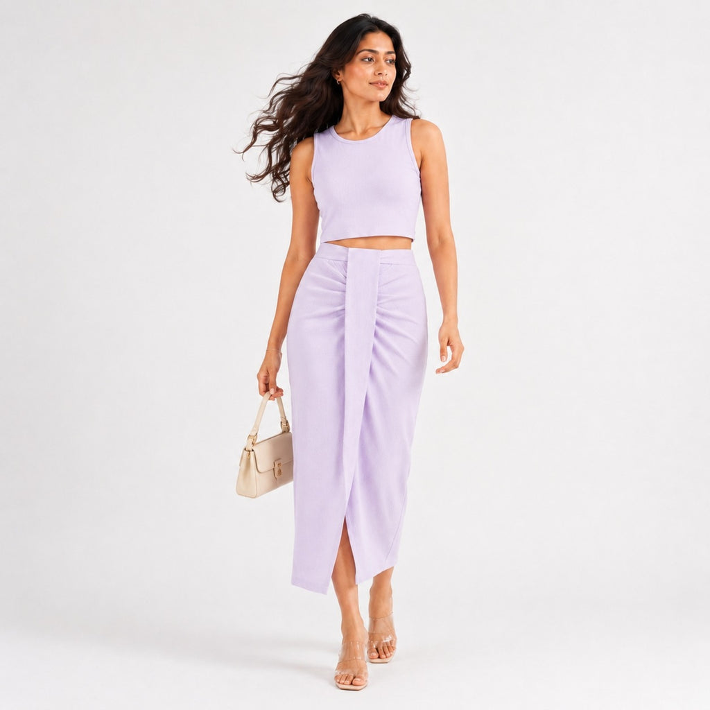 Women's Purple Solid Sleeveless Crop Top and Draped Maxi Skirt Co-Ord Set for Party Wear-4