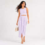 Women's Purple Solid Sleeveless Crop Top and Draped Maxi Skirt Co-Ord Set for Party Wear-4