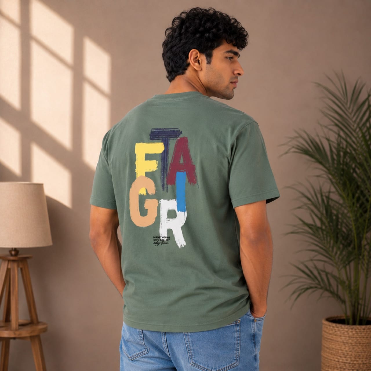 Men's Sage Green Minimal Graphic Casual T-Shirt-3