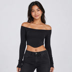 Women's Black Ribbed Off Shoulder Full Sleeve Crop Top-1