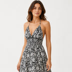 Women's Black Floral Paisley Halter Neck Smocked Maxi Dress | Flowy Resort Wear Dress-2