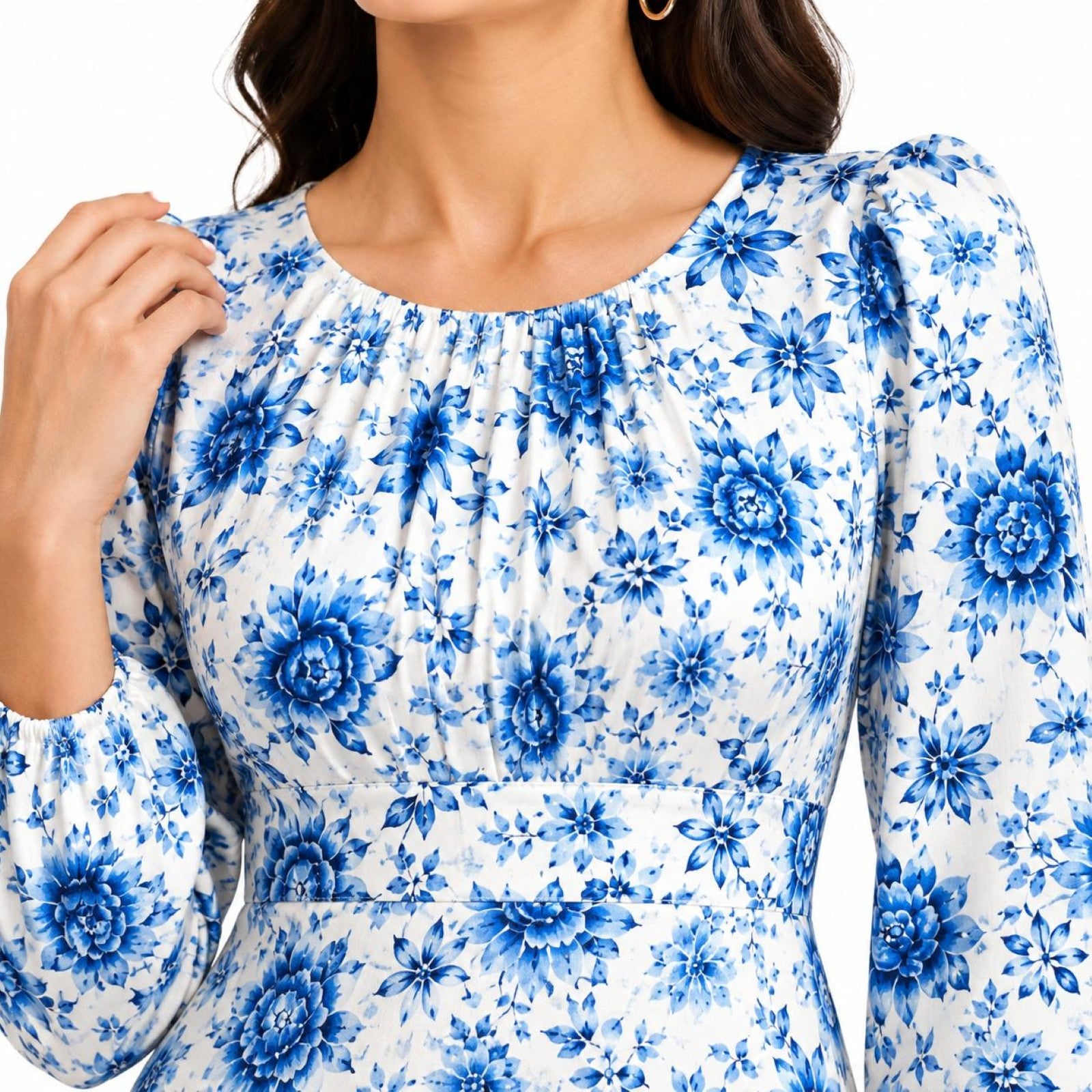 Women's Blue Floral Printed Midi Dress with Round Neck & Full Sleeves-3
