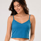 Women's Teal V-Neck Camisole Crop Top | Solid Spaghetti Strap Casual Tank Top-3