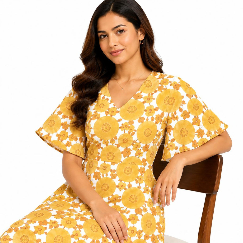 Women's Yellow Floral Print V-Neck Fit & Flare Knee-Length Dress-3