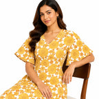Women's Yellow Floral Print V-Neck Fit & Flare Knee-Length Dress-3