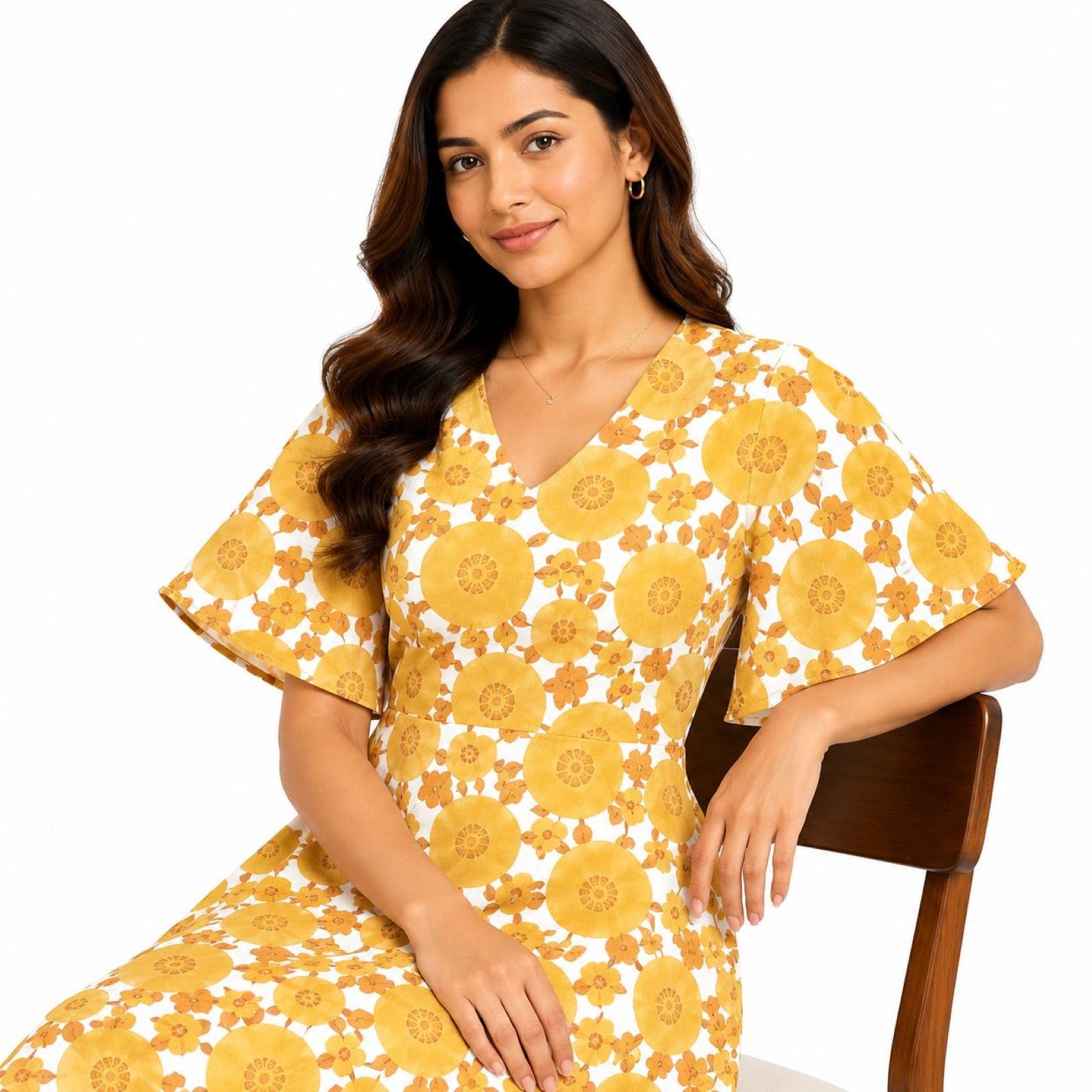 Women's Yellow Floral Print V-Neck Fit & Flare Knee-Length Dress-3