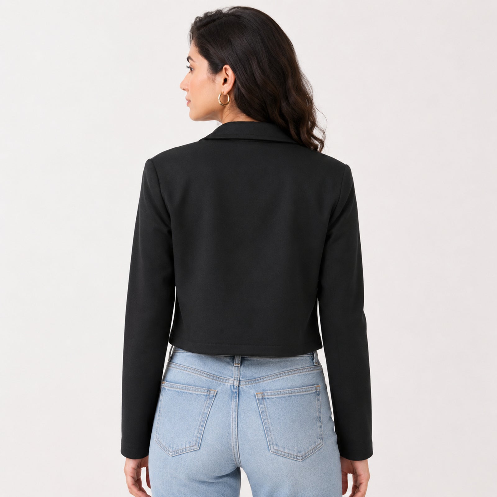 Women's Obsidian Midnight Black Cropped Blazer Jacket with Metallic Button Detailing-4