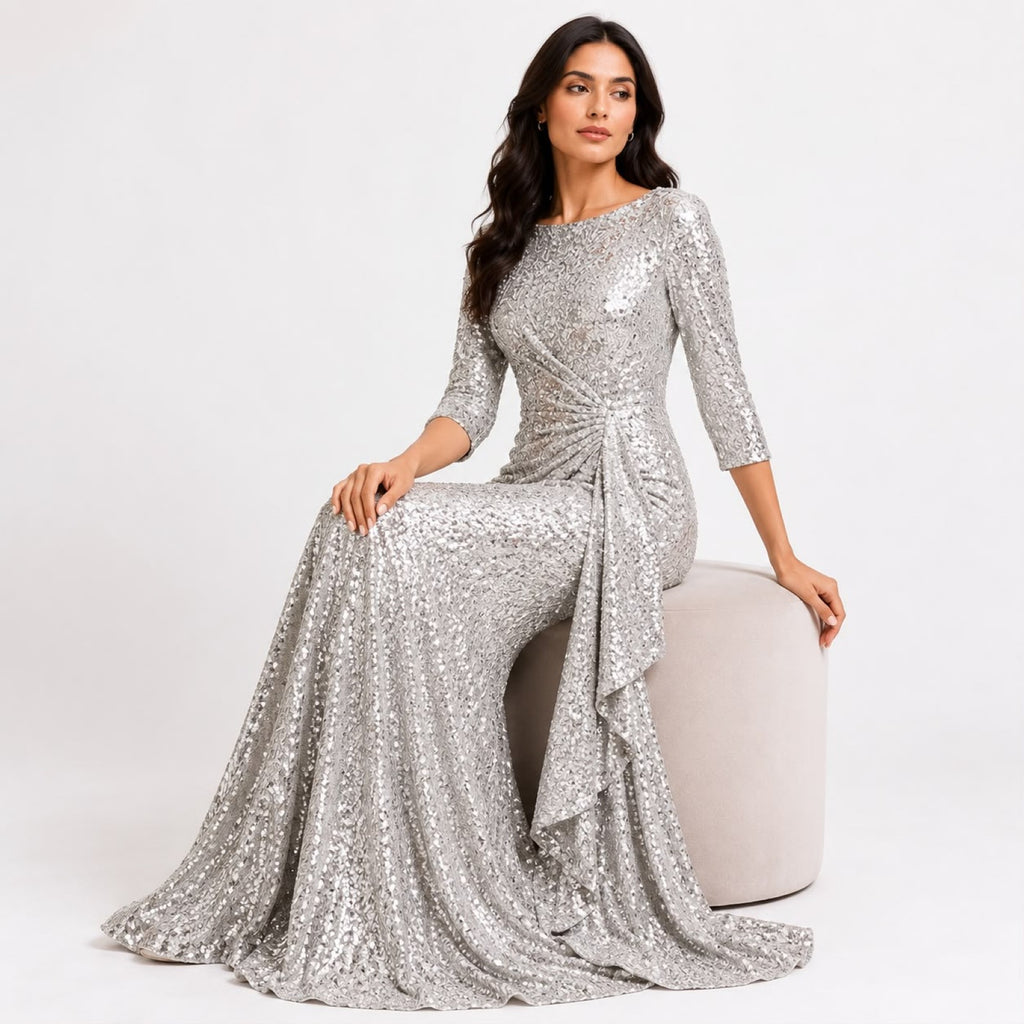 Women's Silver Embellished Mermaid Evening Gown with Draped Detail-3